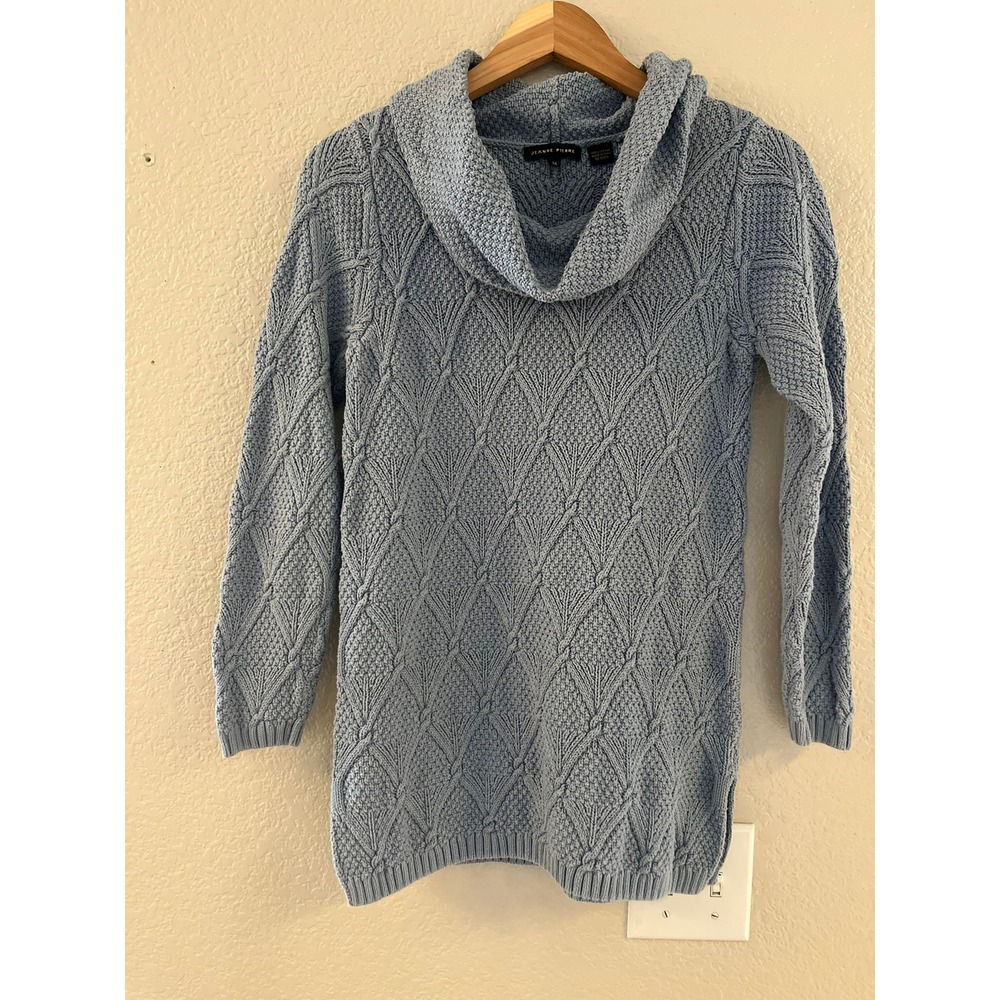 Jeanne Pierre Womens Blue 100%‎ Cotton Cowl Neck Diamond Cable Knit Sweater Med